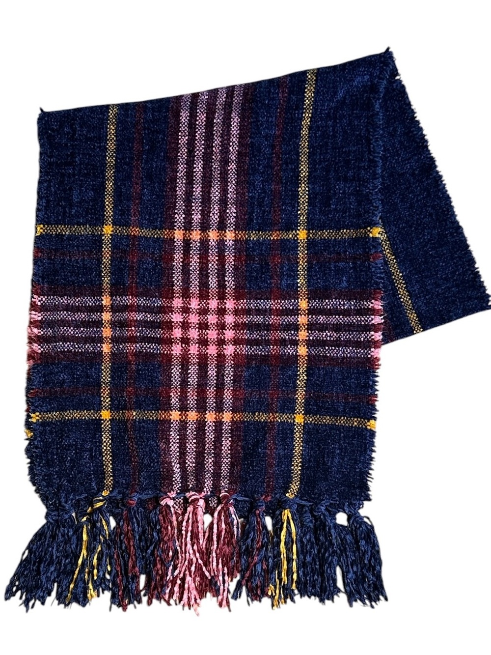 Charter Club Navy Pink Plaid Fringe Scarf One Size NWT